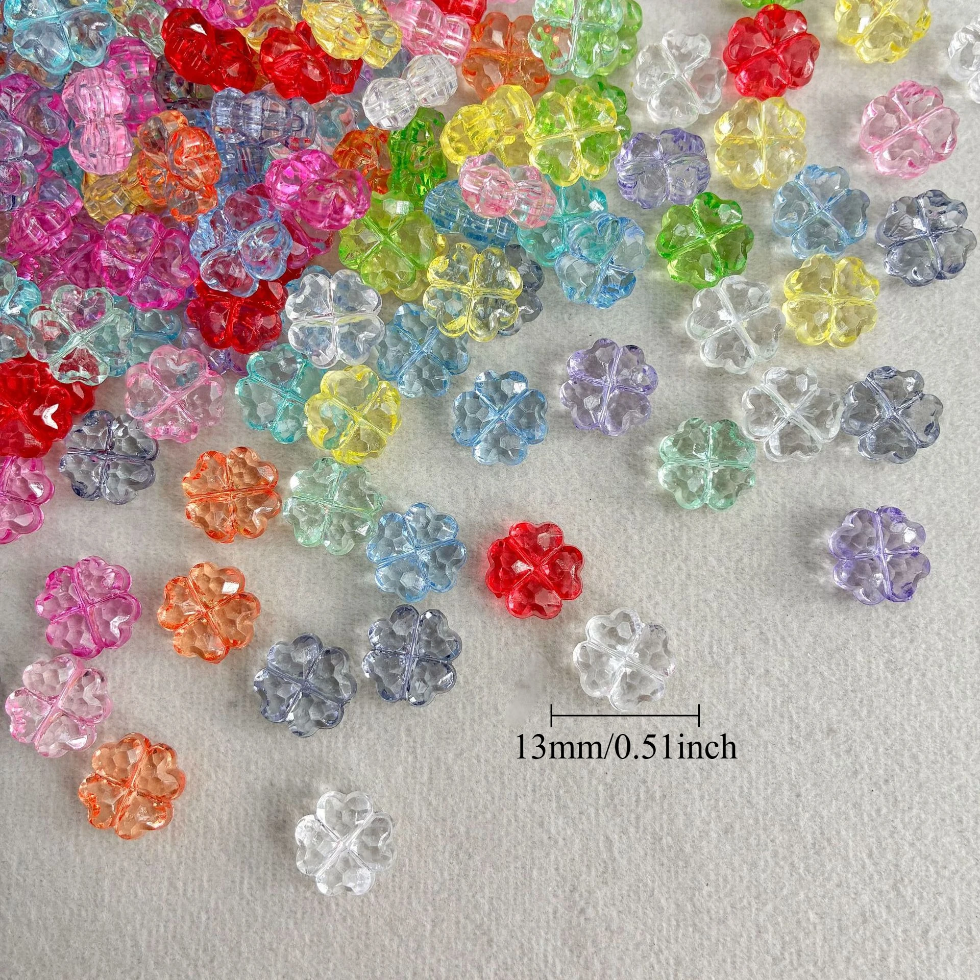 50/100 Stück, 13 mm, Kleeblatt, transparent, Blume, gerades Loch, flach, Acryl, geschnitten, lose Perlen, DIY-Zubehör – Detail 4