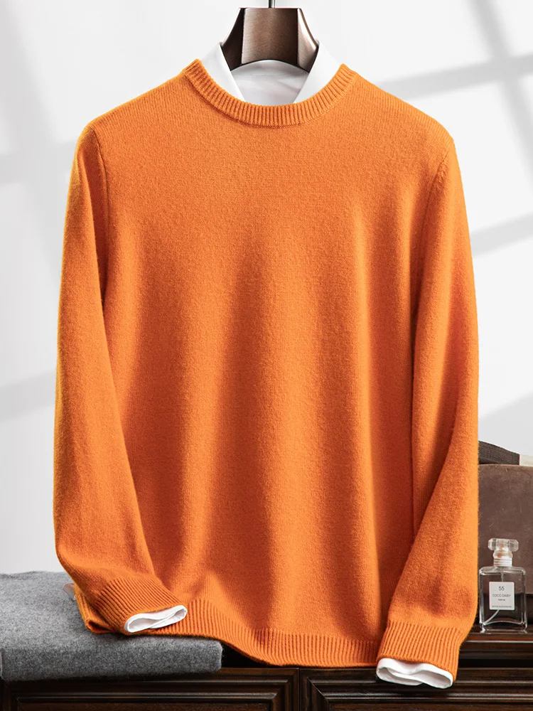 Luxury 100% Goat Cashmere Men's Round Collar Sweaters For Autumn Winter Warm Solid Cashmere Knitwear Smart Casual Pullovers