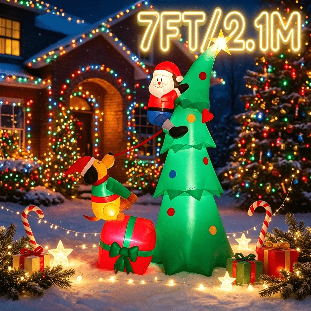 7FT Lighted Christmas Inflatable Model Dog Bites Santa Claus Xmas Tree with LEDs for Yard Garden  Winter Decor