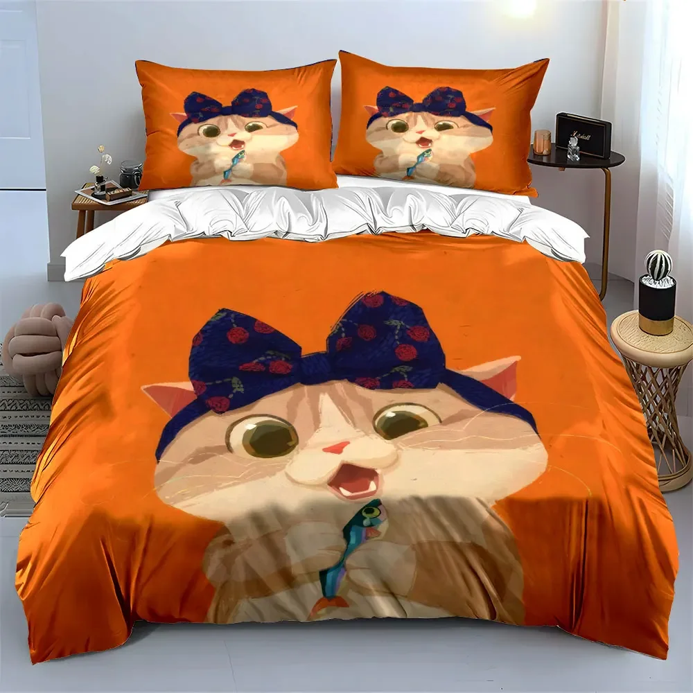 Cute Cat Decor Set Illustration Bedding Set with 1 Duvet Cover 2 Pillowcases Single Double King Queen, Gift