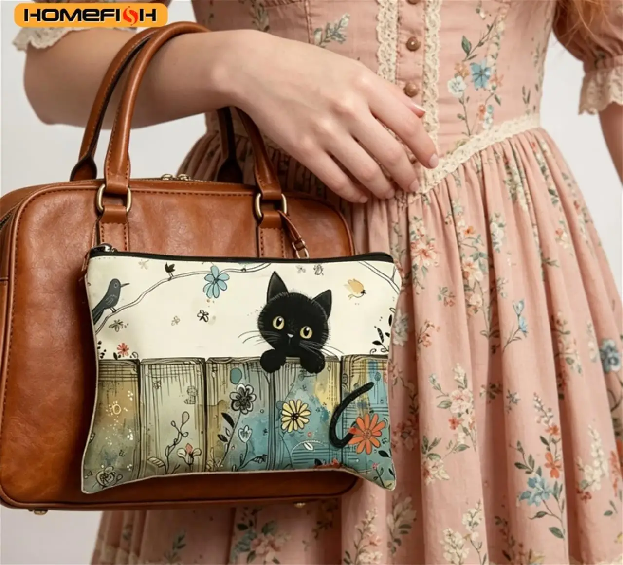 HOMEFISH Black Cat Floral Zipper Pouch - Durable, Fade-Resistant Cosmetic Bag, Gift for Sisters, Friends, Cat Lovers | Vibrant image 4
