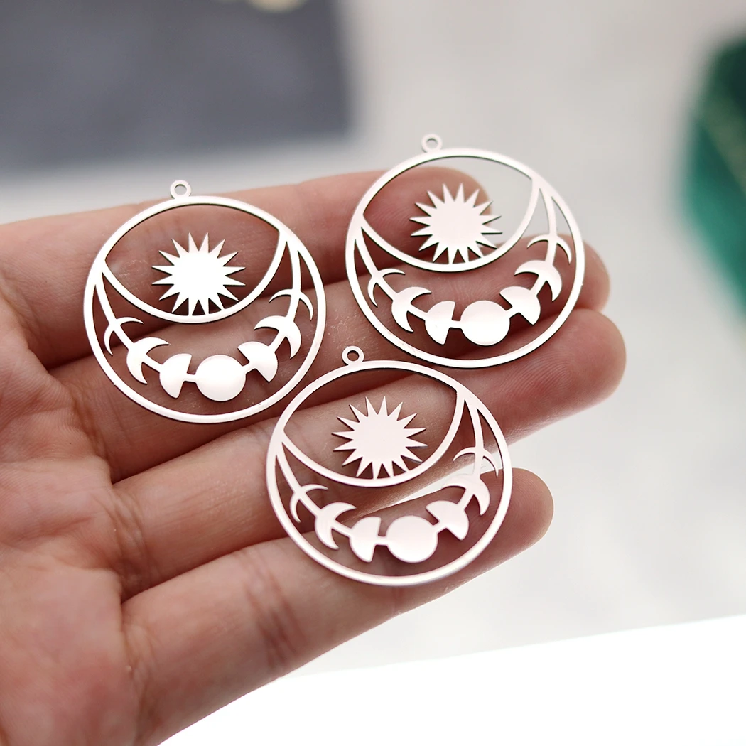 3pcs No Fade Phase of the Moon Sun Charms for Jewelry Making Earrings Stainless Steel Pendant Hollow Line Craft diy Accessories