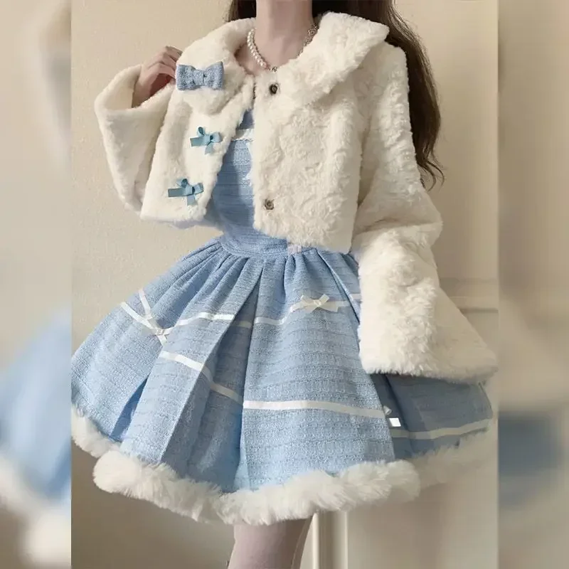 Noël automne hiver Lolita bleu robe élégante 2 pièces ensemble nœud daim manteau court mignon Mini jupe ensemble femmes décontracté polyvalent