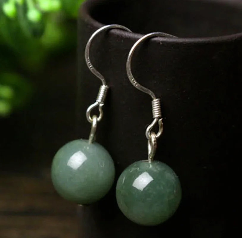 925 Silver Natural Jade Emerald Swing Earrings 10mm Bead Charm Jewellery Fashion Accessories Hand-Carved Man Woman Amulet Gifts