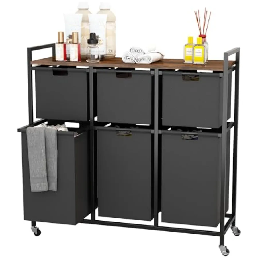 

Laundry Basket with Wheels Rolling Laundry Hamper Organizer with Large Desktop Laundry Sorter with 6 Pull-Out and Removable Lau
