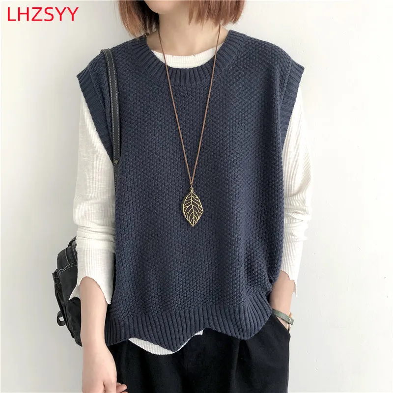 LHZSYY 2024 New 100% Cotton Vest Ladies Autumn/Winter Outer -Tops O-Neck Sleeveless Large Sweater Cotton Thread Loose Knit Vest