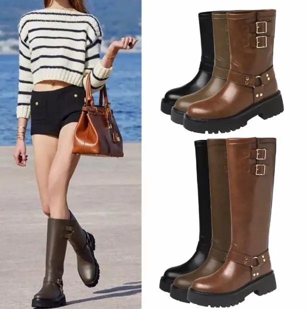 

New Girls Black Brown Green Real Leather Round Toe Belt Buckles 5 CM Chunky Heels Short Knee High Long Boots Motorcycle Shoes