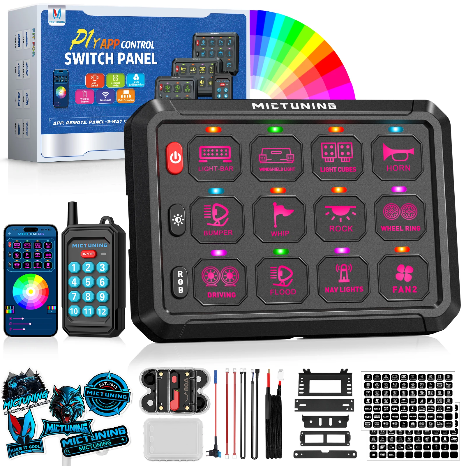 

MICTUNING Universal P1Y RGB 12 Gang Switch Panel with App and 230FT Remote Control Relay System for Truck RV Offroad Marine