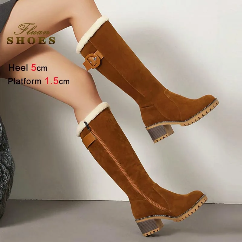 

2025 Теплая хлопковая обувь, осенне-зимние женские сапоги до колена, круглый носок, длинные сапоги на грубом каблуке, длинные теплые зимние сапоги с боковой молнией