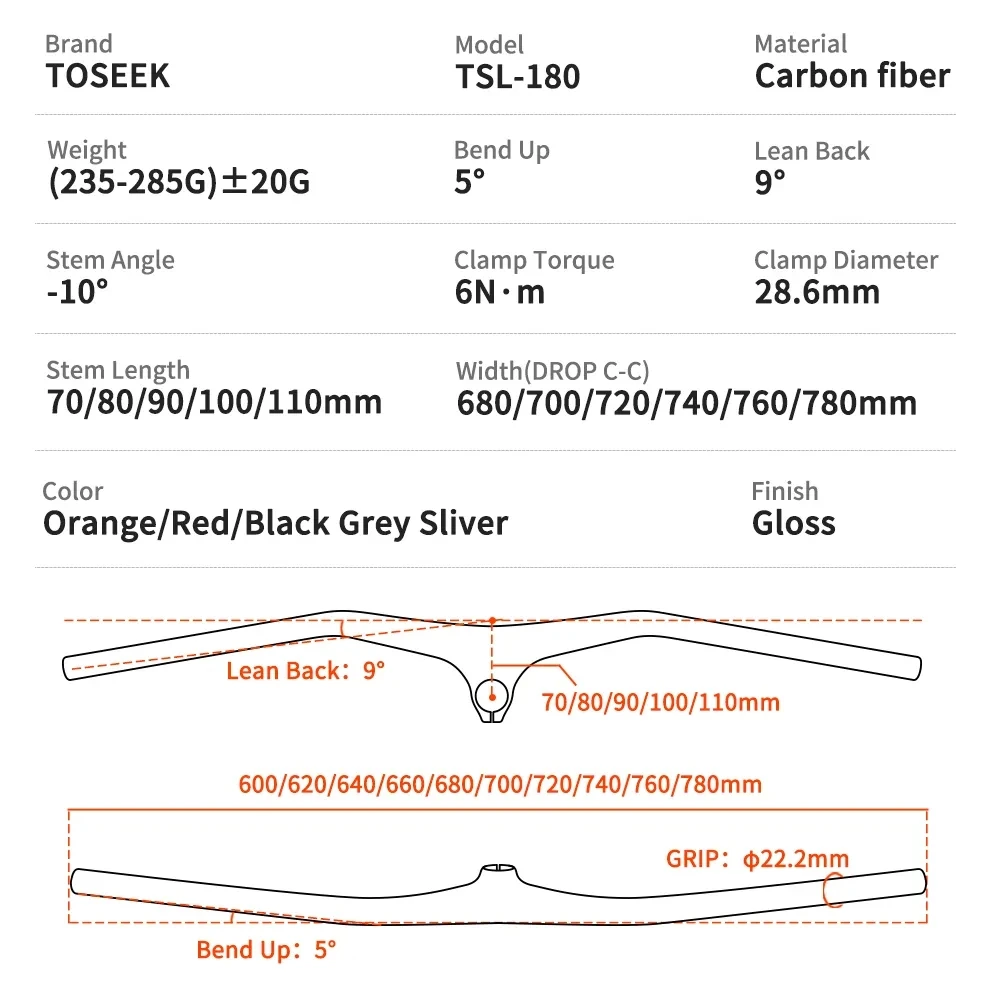 TOSEEK TSL180 Mtb Handlebars and Stem -10Degree Carbon Integrated Handlebar 260g Width780-70/80/90/100/110mm for Mountain Bike