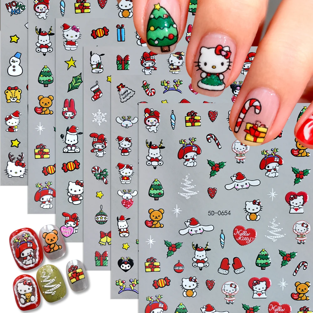 

6 шт. 5D милые рождественские наклейки для ногтей HelloKitty Kuromi, снеговик, снежинки, слайдер для рождественской елки, самоклеящиеся наклейки для дизайна ногтей