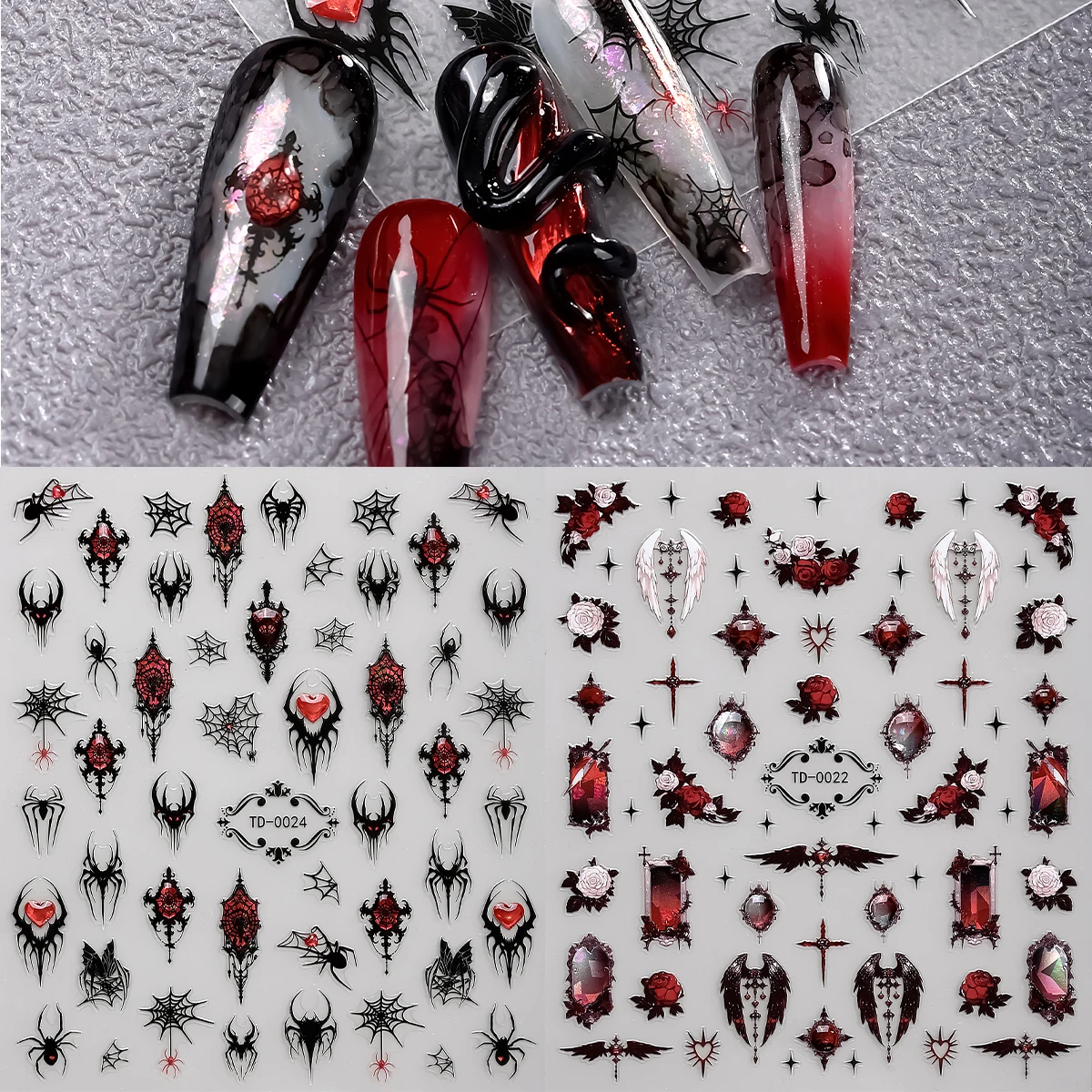 

2pcs 5D Red and black Gothic Nail Art Stickers Rose Spider Wing Y2K Nail Decals for DIY Nail Decoration Manicure Sliders