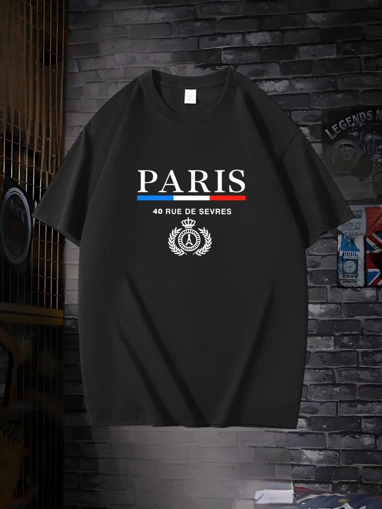 

2025 мужская летняя свободная футболка из 100% чистого хлопка большого размера с принтом Парижа, повседневная облегающая футболка с круглым вырезом и короткими рукавами, топ