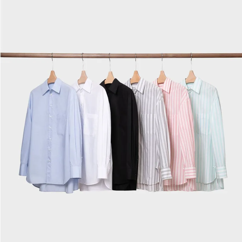 New Autumn Winter 100 Cotton High Count Solid Color Long Sleeved Korean Version Striped Poplin Loose Commuting Casual Tops Shirt