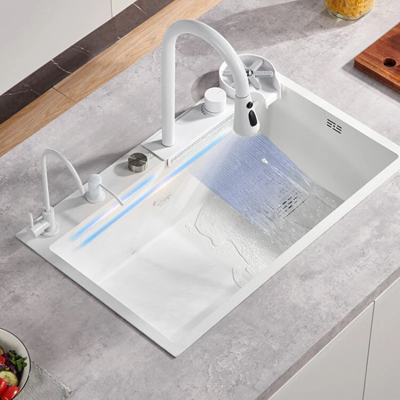 

White Rainfall Waterfall Sink Large Single Sink Under Counter Basin 304 Stainless Steel Washing Basin Kitchen Household Sink