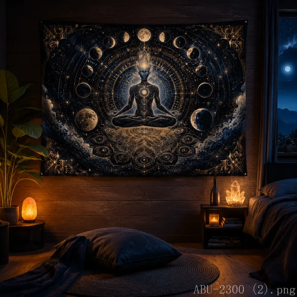 VIKAMA Chakra Meditation Human Figure Tapestry Moon Phase Starry Sky Wall Hanging Spiritual Witchy Yoga Room Aesthetic Home Deco