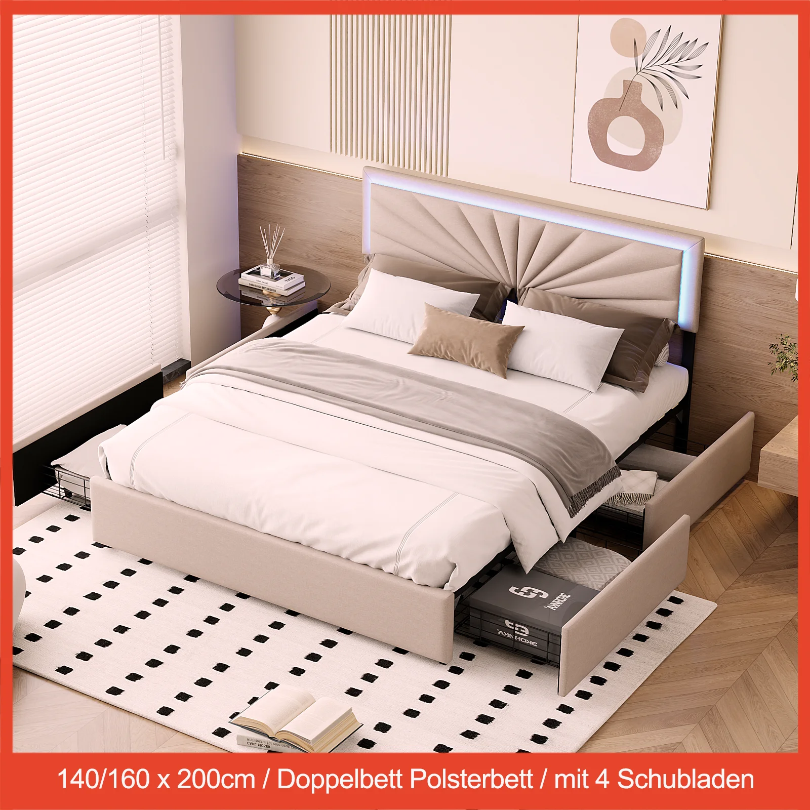 Double Bed Upholstered Bed, Storage Bed with 4 Drawers, Headboard with LED Lighting,with Slatted Frame,140/160x200cm,no mattress