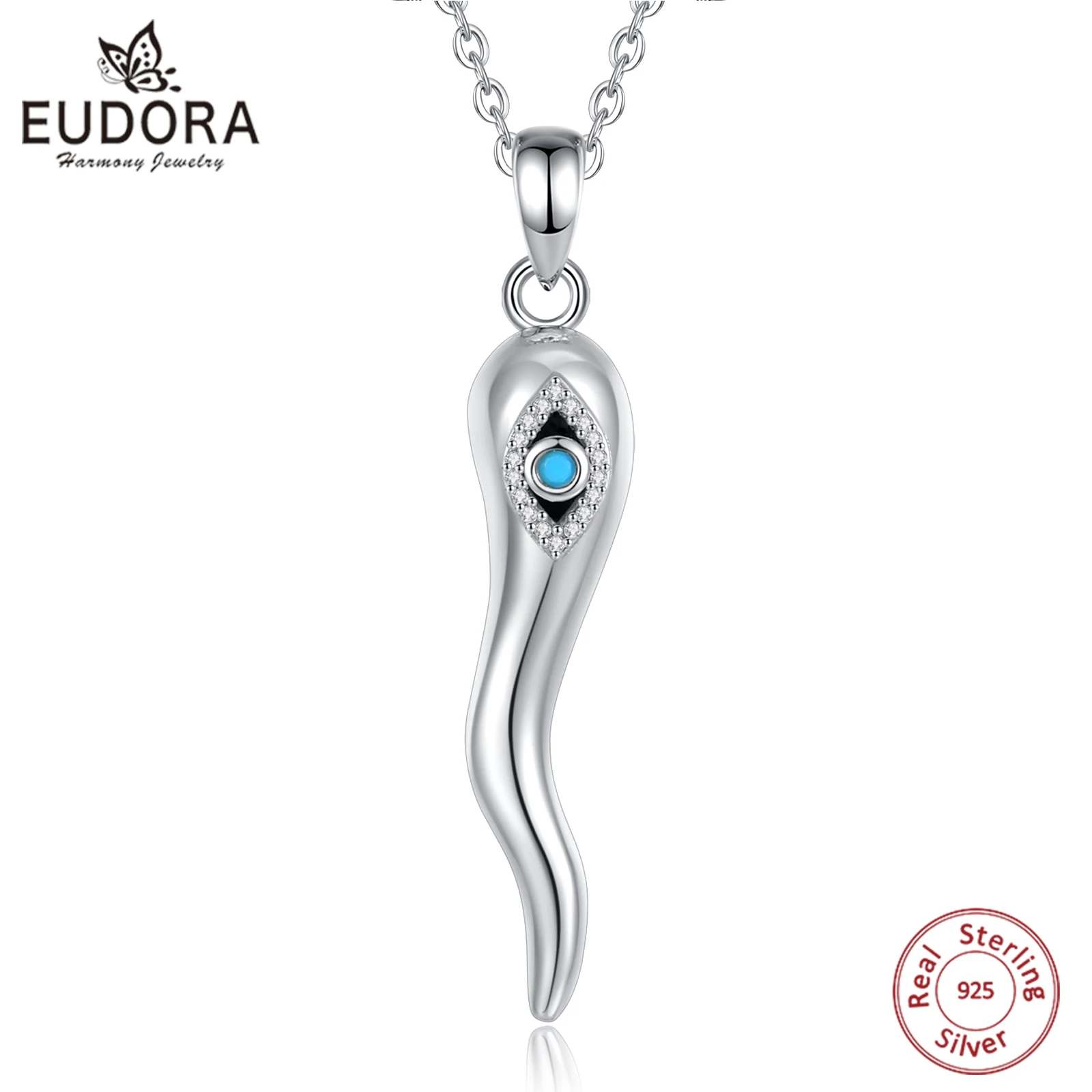 Eudora 925 Sterling Silver Naszyjnik z włoskim rogiem dla kobiet Mężczyźni Urok na szczęście Cornicello Amulet Wisiorek Biżuteria Evil Eye Prezent