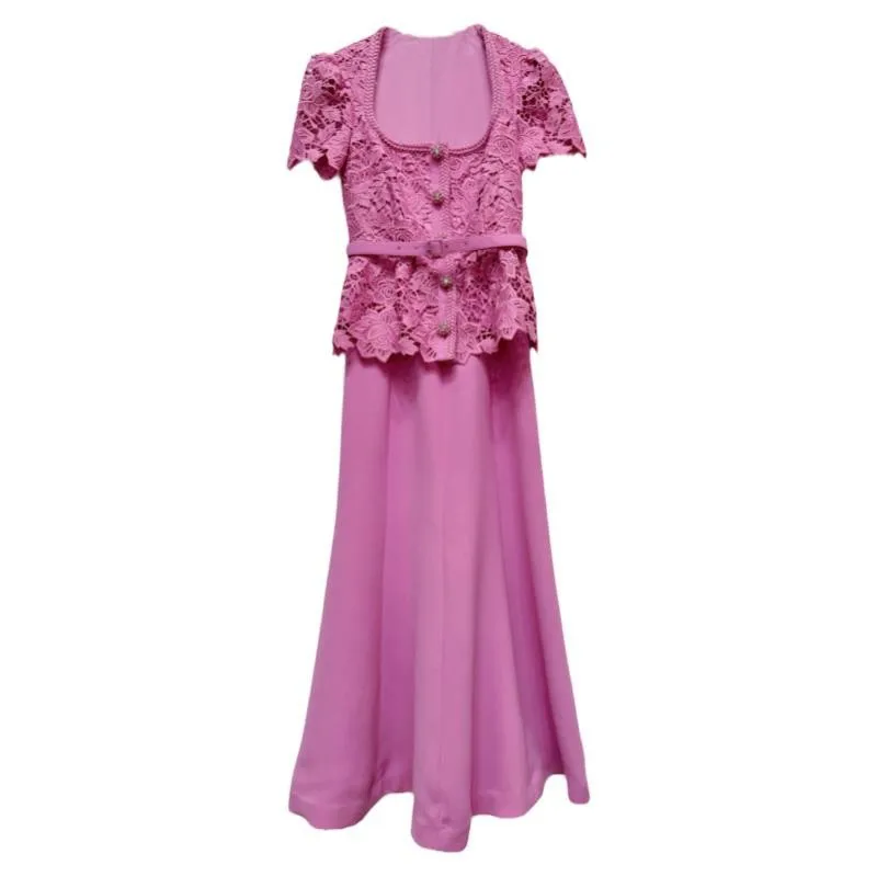 JAMERARY Runway Fake 2 Pieces Flower Embroidery Lace Chiffon Beaded Dress Women Belt Rose Pleated Midi Long Evening Vestidos