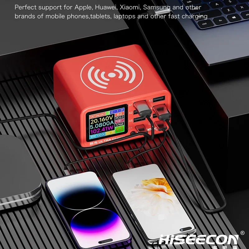 HS220  220W USB Type C 8 Ports Charing Station Dock Wireless Fast Digital Display Screen Charge For iPhone 14 13 Android PC