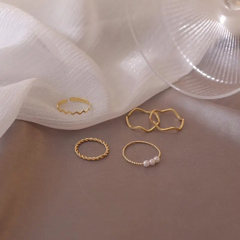 5Pcs Adjustable Open Rings With Irregular Cute Pearl Designs For Women Gift