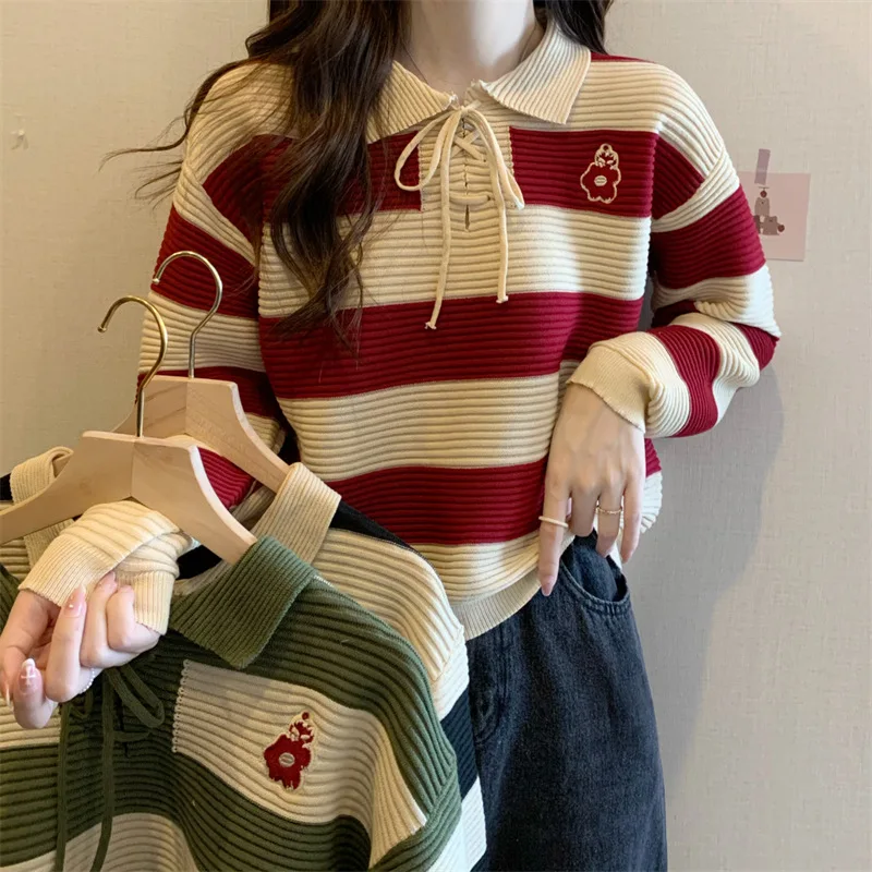 New Fashion Stripe POLO Neck Women Loose Sweater with independent design Korean Sweetheart Embroidered Knitwear Shirt