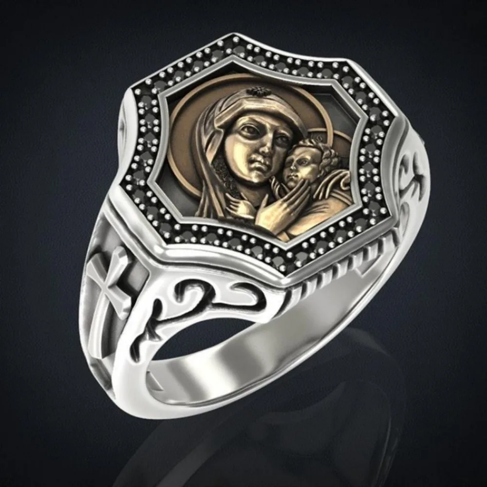 Simple European and American Retro Religious Virgin Mary Metal Ring for Men and Women Faith Cross Amulet Jewelry Accessories