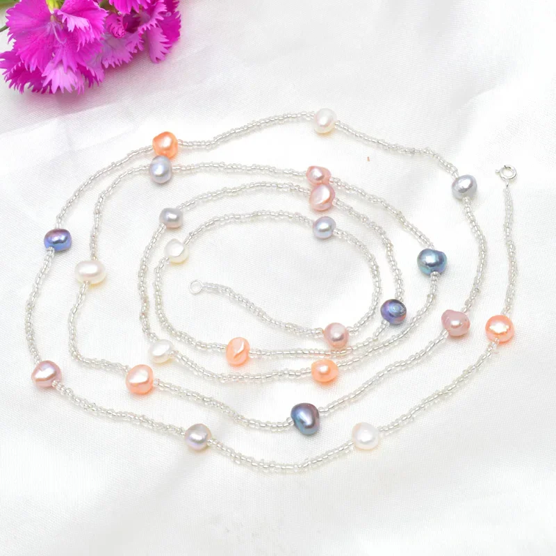 ASHIQI 120CM Long Multi Color Baroque Fresh water Pearl Necklace, Crystal Beads Necklace ,  925 Sterling Silver Clasp