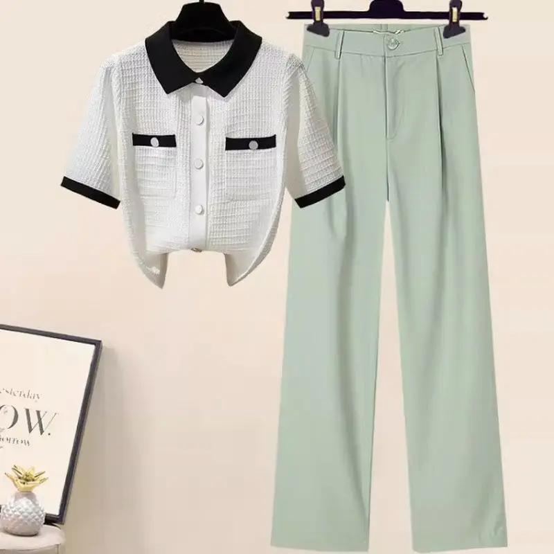 Summer Outfits Mingyuan Xiaoxiangfeng POLO Collar Short Sleeved Top T-shirt Fashion Elegant Suit Pants 2-Piece Suit For Women Fo