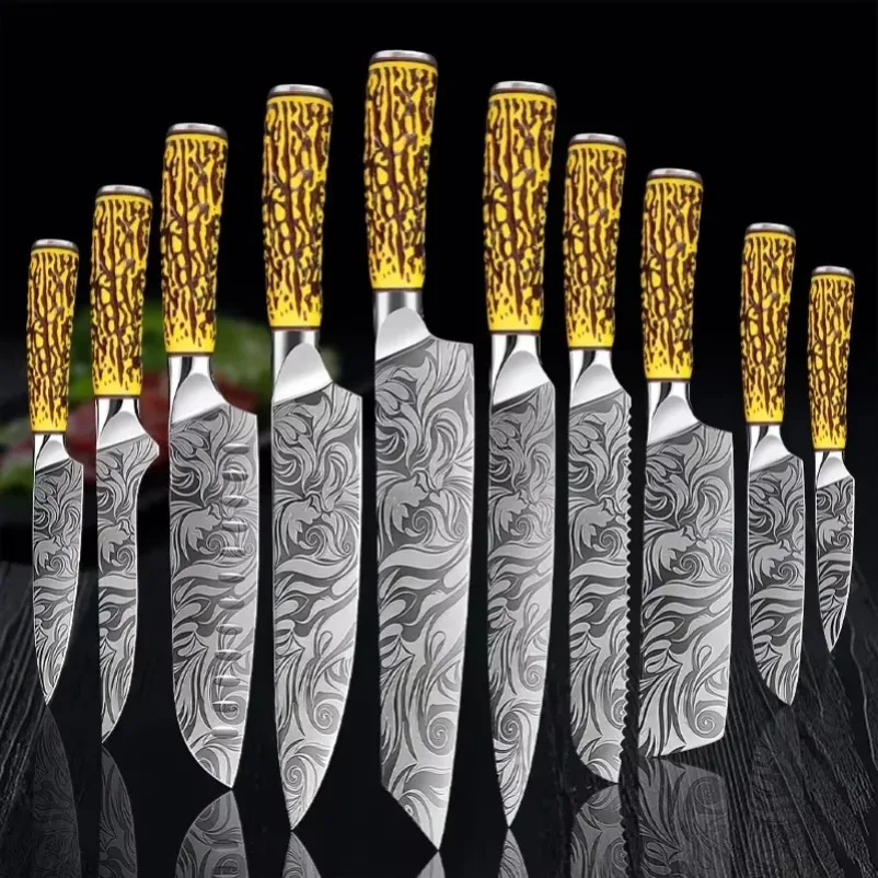 Laser Damascus Pattern Knife Japanese Kitchen Chef Knives Cut Meat Fish Fruit Bread Sharp Butcher Boning Knive Kitchen knife Set