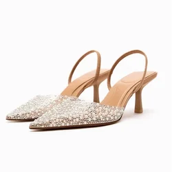 2025 Fashion Summer Women High Heels Sandals Pearl Decoration Slingback Pointed Toe Elegant Party Wedding Bridal Ladies Shoes
