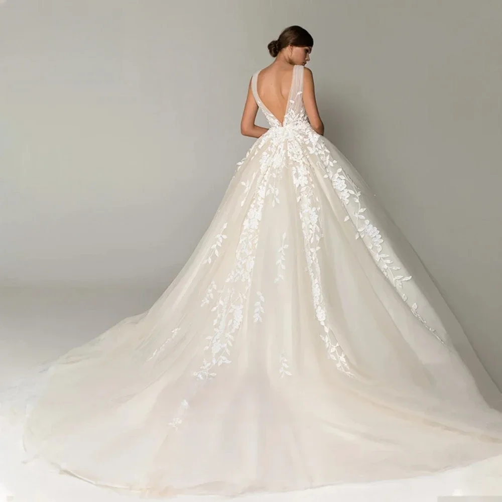 Personalizado 2025 sexy profundo decote em v vestido de casamento clássico renda applique sem costas vestido de noiva princesa noiva casamento roupas femininas