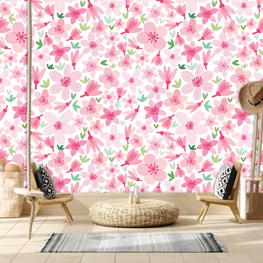 Modern Custom Peel and Stick Accept Pink Floral Blossom Contact Wall Papers Home Decor Mural Photo Wallpapers for Living Room