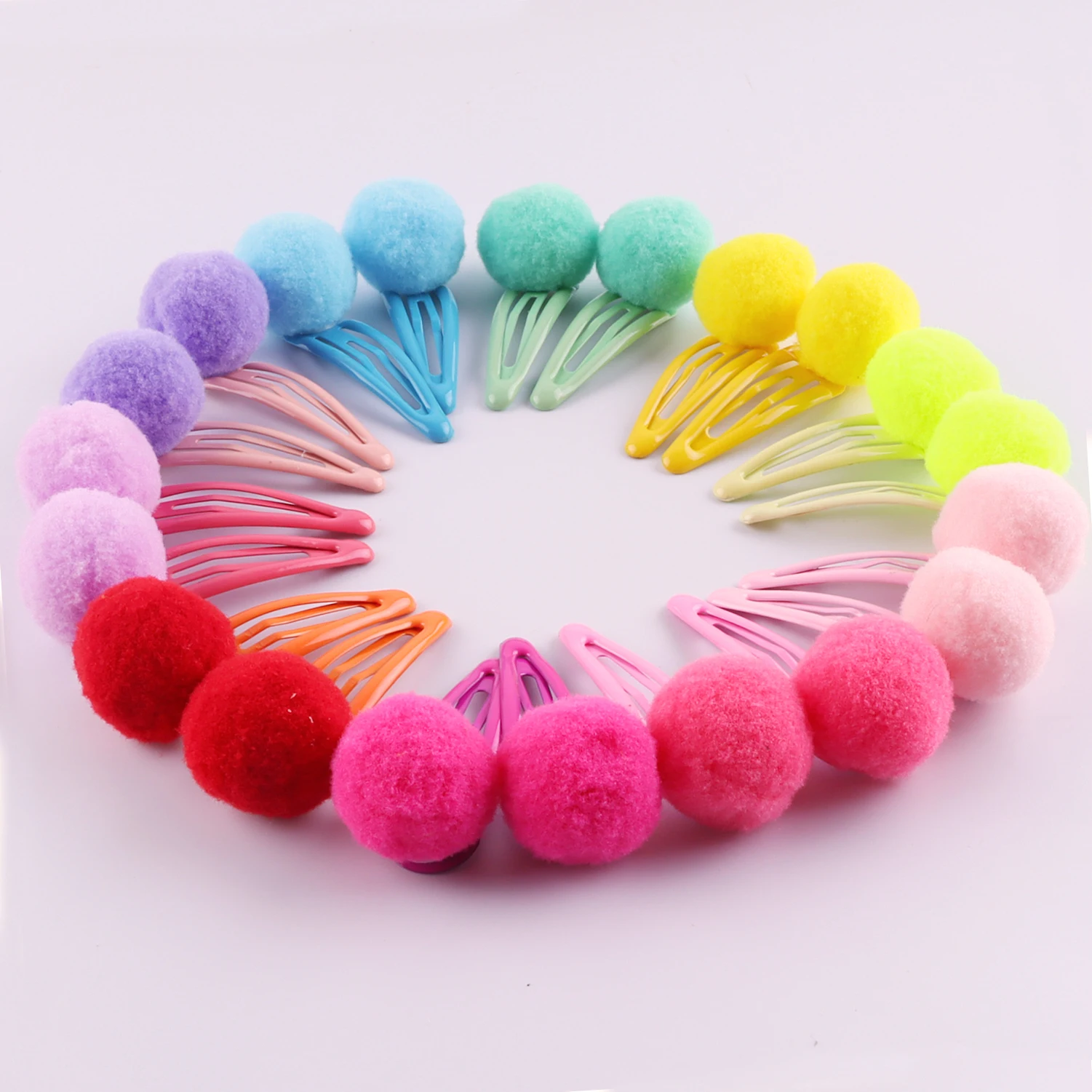 20pcs Candy Colorful Pom Pom Hair Clips Lined Sanp Clips Small Cute Puffy Hair Ball Barrettes Fuzzy Pompoms Hair Accessories Kid