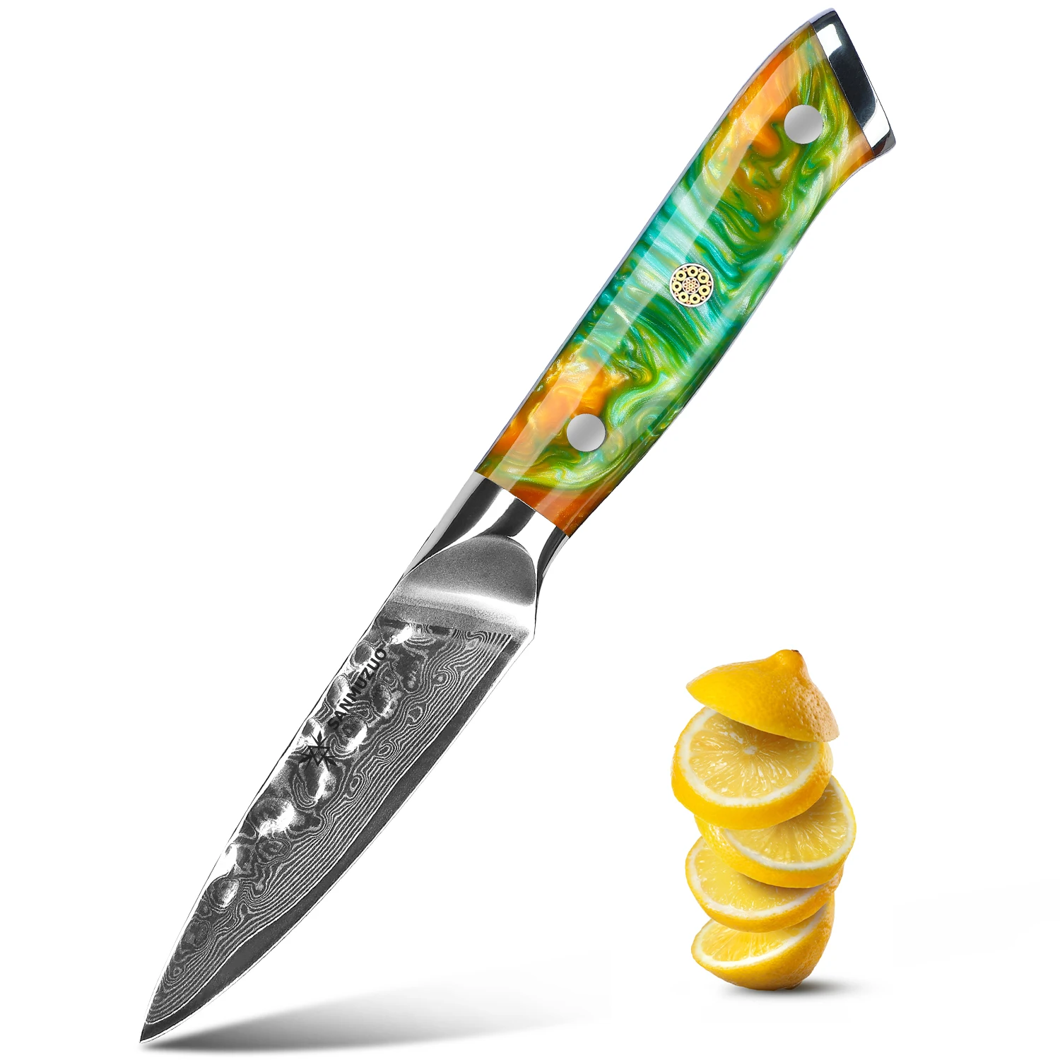 

SANMUZUO 3.5 Inch Paring Knife - Fruit and Vegetable Peeling Knives, Forged Damascus Steel & Resin Handle - Yao Series