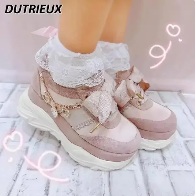 Japanese Style Trendy Lolita Sweet Rhinestone Love Chain Platform Shoes Mine Series Women Ribbon Bow Sneakers Girls Sports Shoes