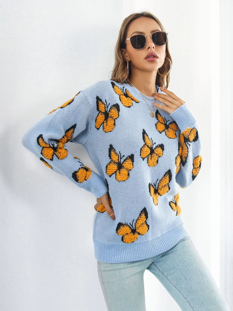 Women\'s Sweaters Fashion 3D Butterfly Pullovers Autumn Winter New In Loose O-Neck Long Sleeve Top Women\'s Knitted Pullover