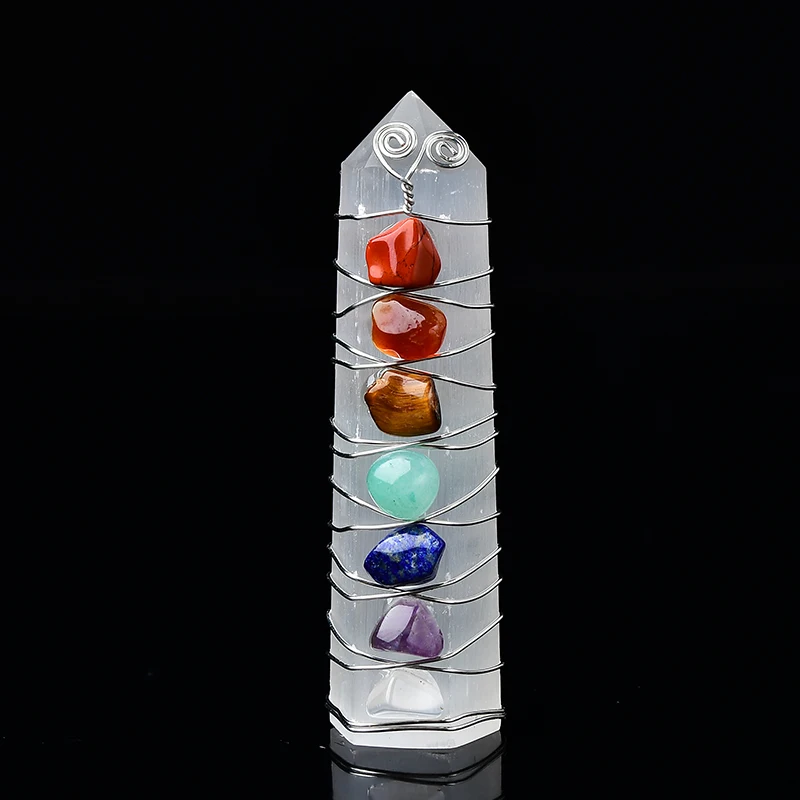 1PC Natural Selenite Point Seven Chakras Healing Stone Obelisk Quartz Meditation Tower Ornament Energy Pyramid For Home Decor