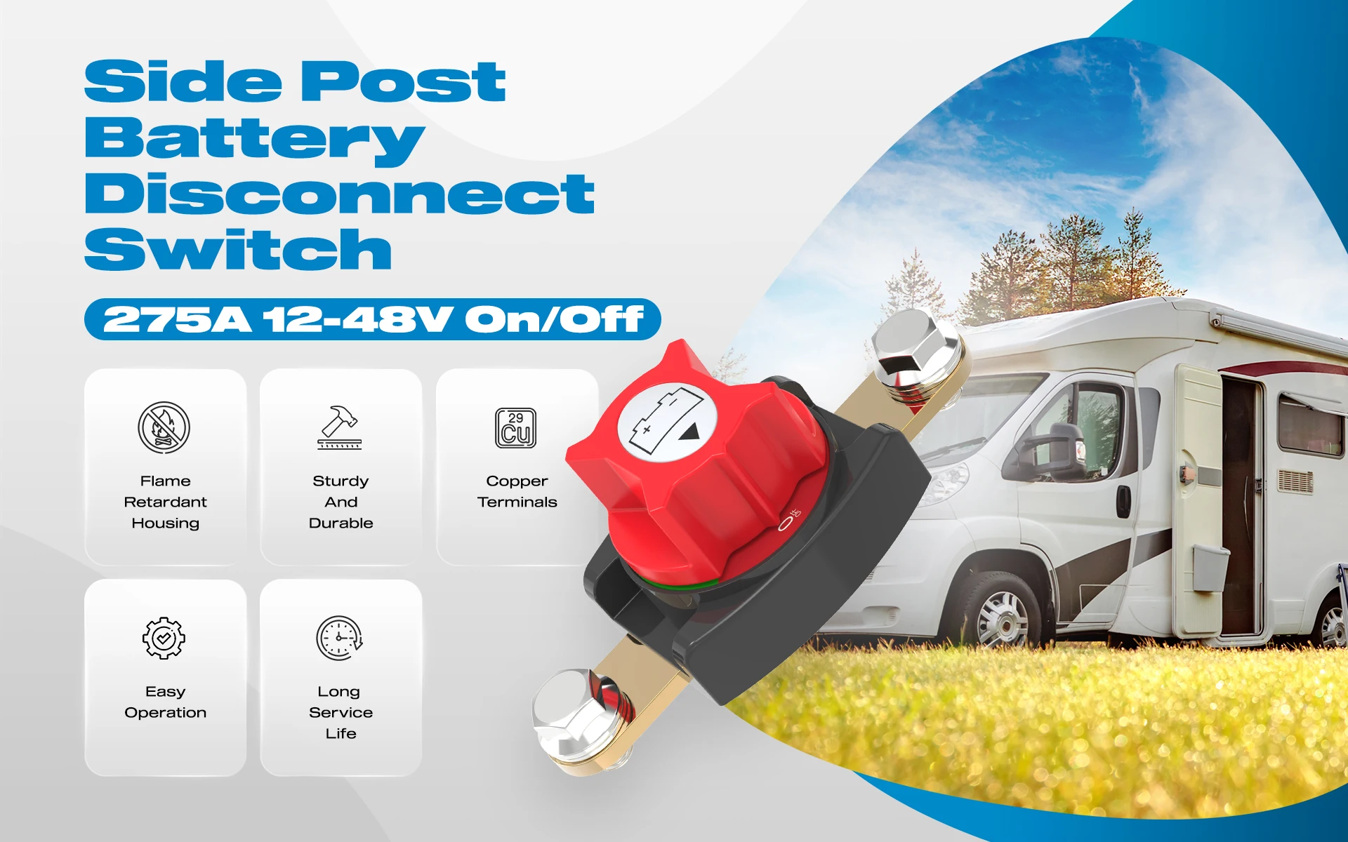 Ein/Aus-Batterie-Trennschalter mit oberer Pfosten, 12–48 V, wasserdichter, robuster Marine-Batterie-Schalter für Auto, Fahrzeug, Wohnmobil und Boot – Detail 1