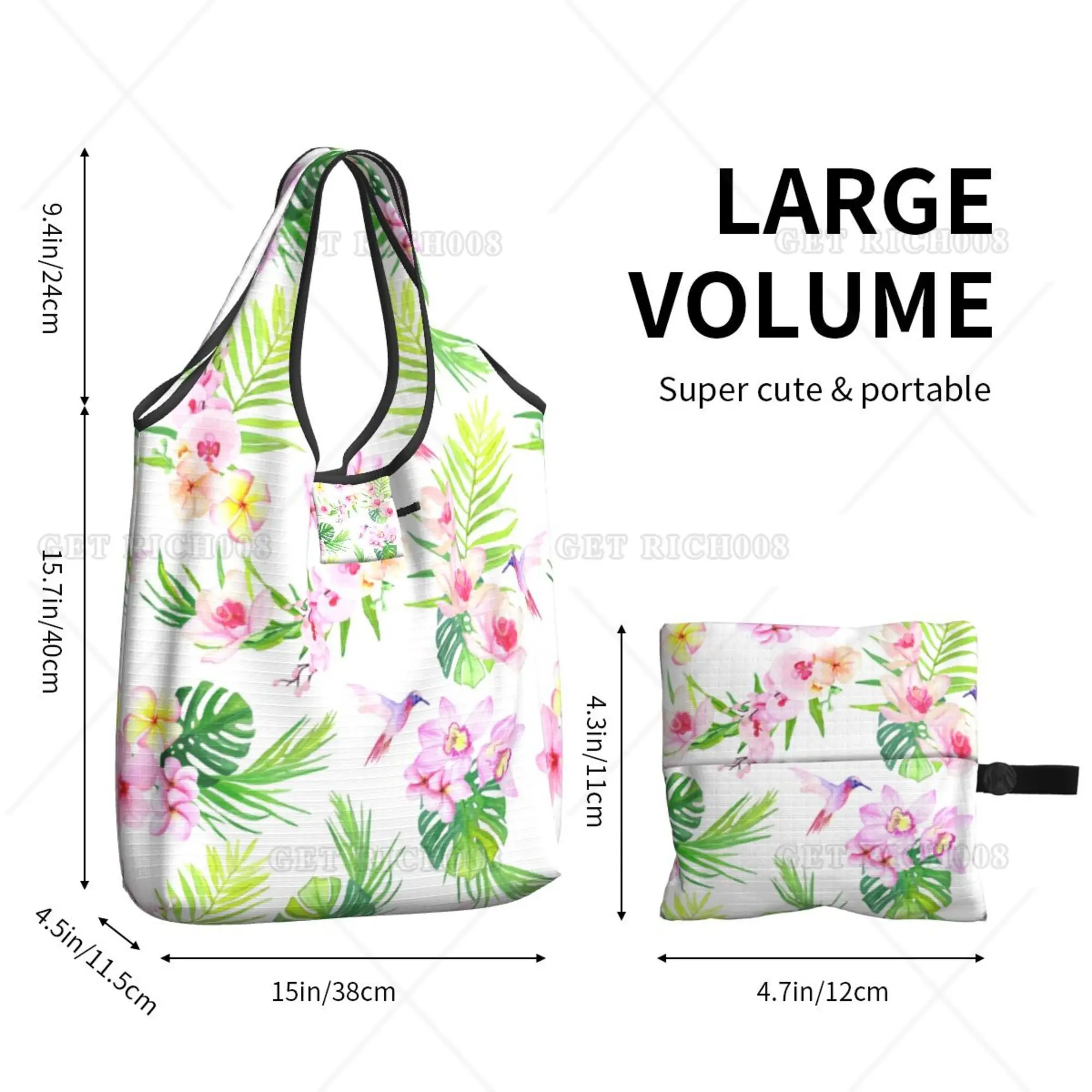 Bird and Flowers Spring Summer Women Girls Tote Bags Folding Eco-friendly for Shopping Outdoor Recyclable Grocery Bags One Size