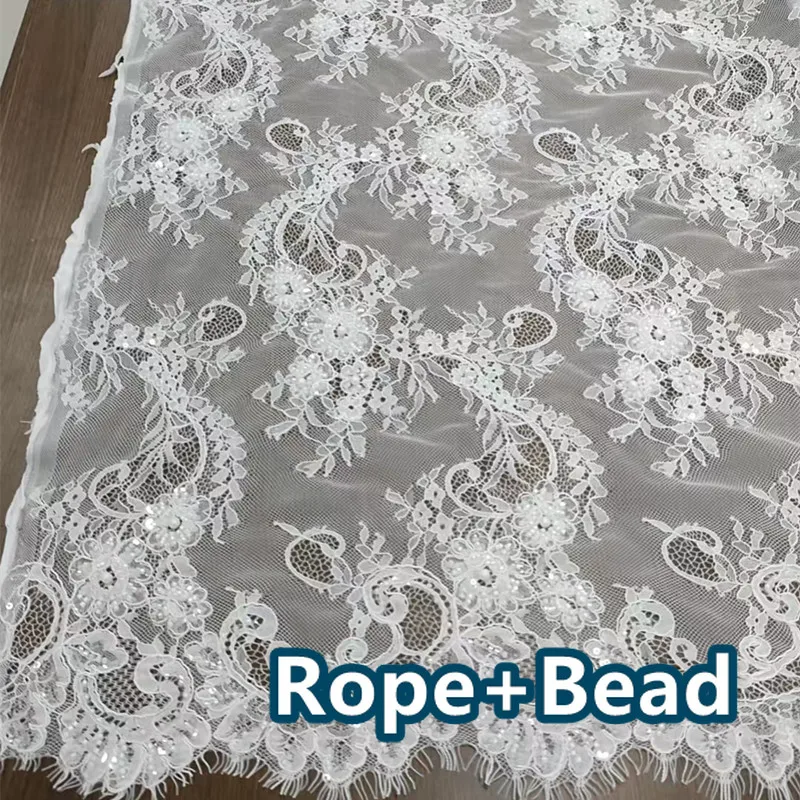 3 Meter, transparenter Stoff mit Pailletten- und Perlenstickerei, neu. Französische Kordelspitzenstoffe für Hochzeitskleider und Brautmode – Detail 6