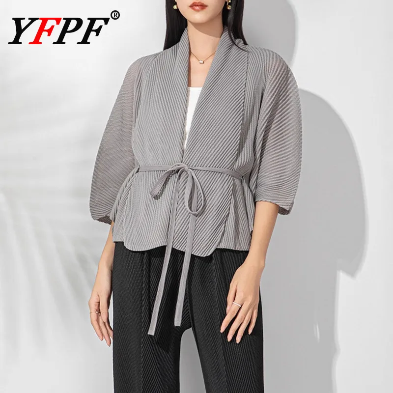 

YFPF Fashion Miyake Pleated Coat Women Solid Color Loose V Neck Batwing Sleeve Lace-up Gathered Waist Tops Casual 2026 New