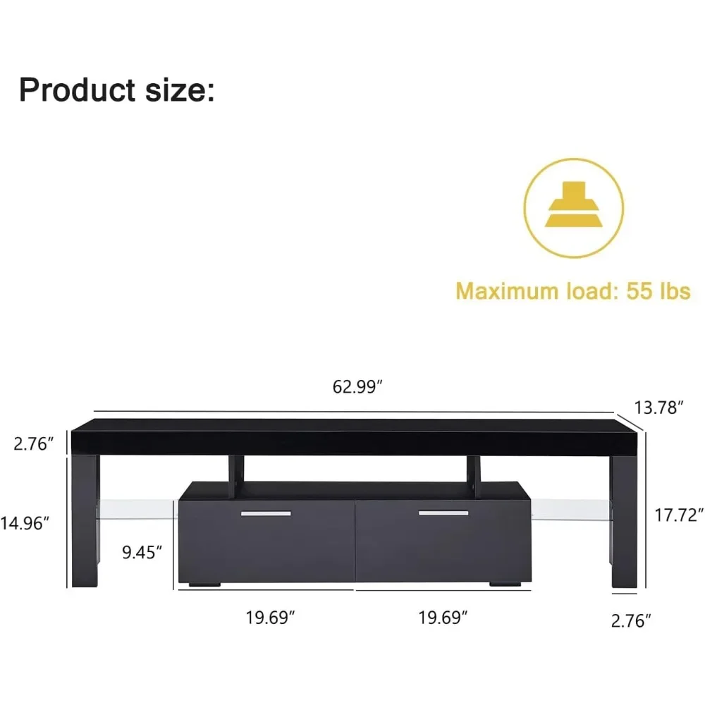 LED TV Stand para 75 Polegada TVs, Console Table, High Gloss, Centro de Entretenimento com gaveta de armazenamento, TV Stands