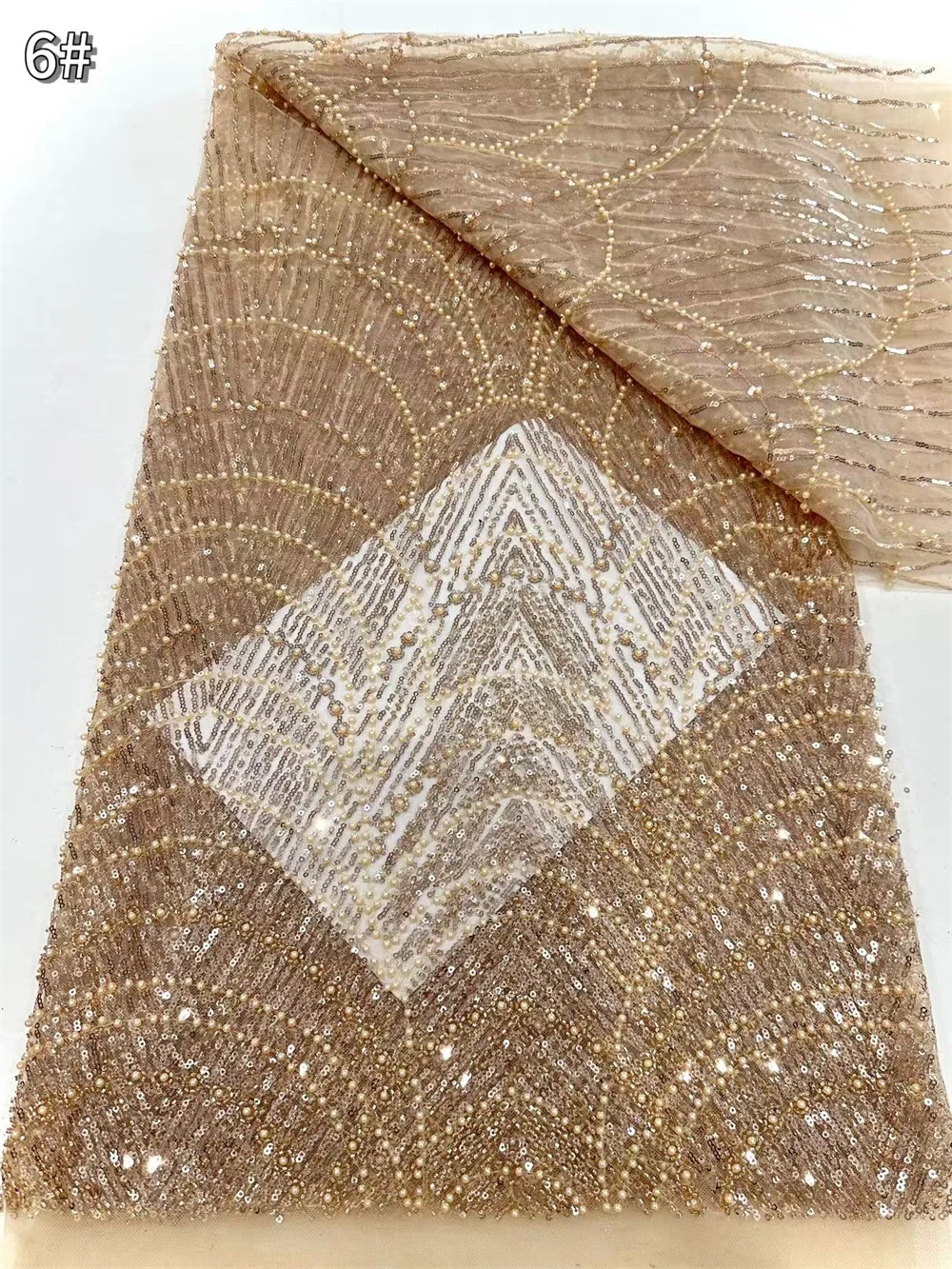 

African Lace Fabric 5 Yards Luxury Nigerian Lace Fabric 5 Yards High Quality 2025 Gold Bead Sequin Lace For Wedding Dress W702-1