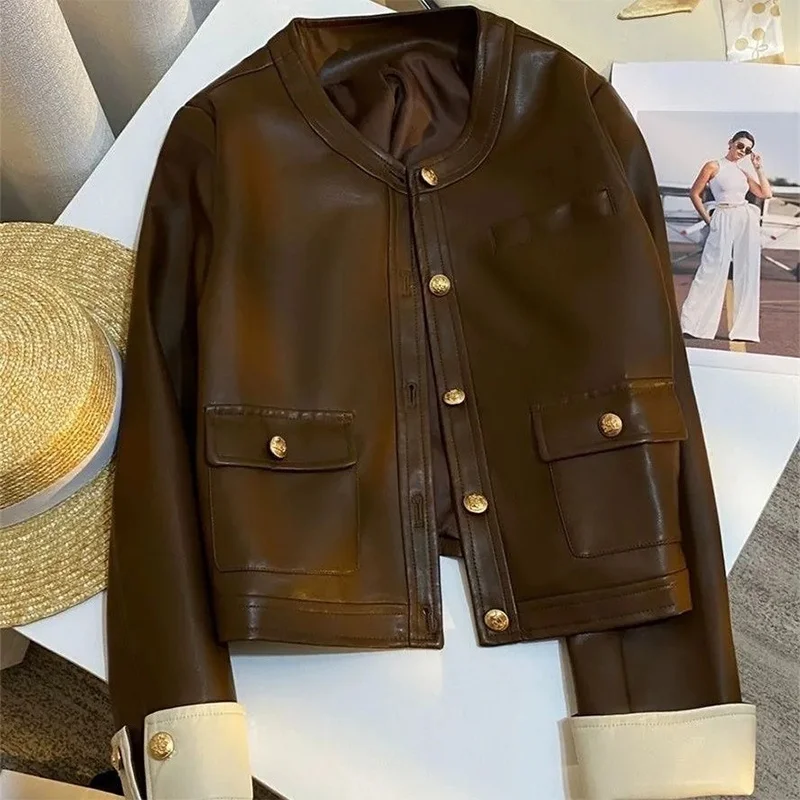 Fashionable round Neck Retro Jacket Leather Shirt Fragrance Style New Short Outerwear Elegance Fashion Top Women's Clothing