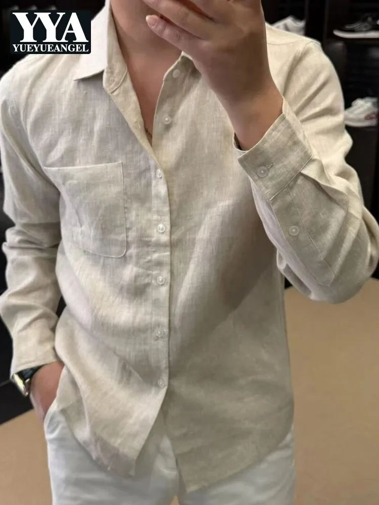 

Summer Mens Breathable Linen Casual Shirt Business Work Tops Vintage Long Sleeve Single Breasted Loose Fit Holiday Beach Shirts