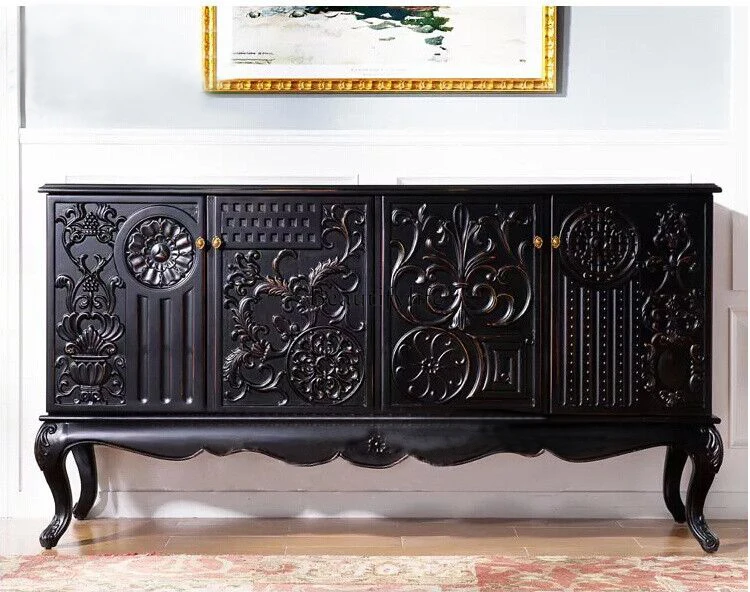 

American country black solid wood high-end carved entrance table foyer side cabinet