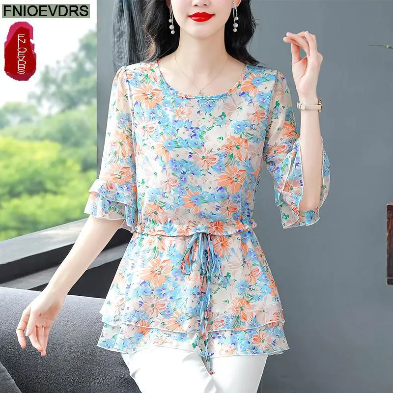 S-4XL Loose Clothes 2024 Women Summer Flare Sleeve Elegant Ruffles Shirts Casual Retro Vintage Floral Print Bow Tie Tops Blouses