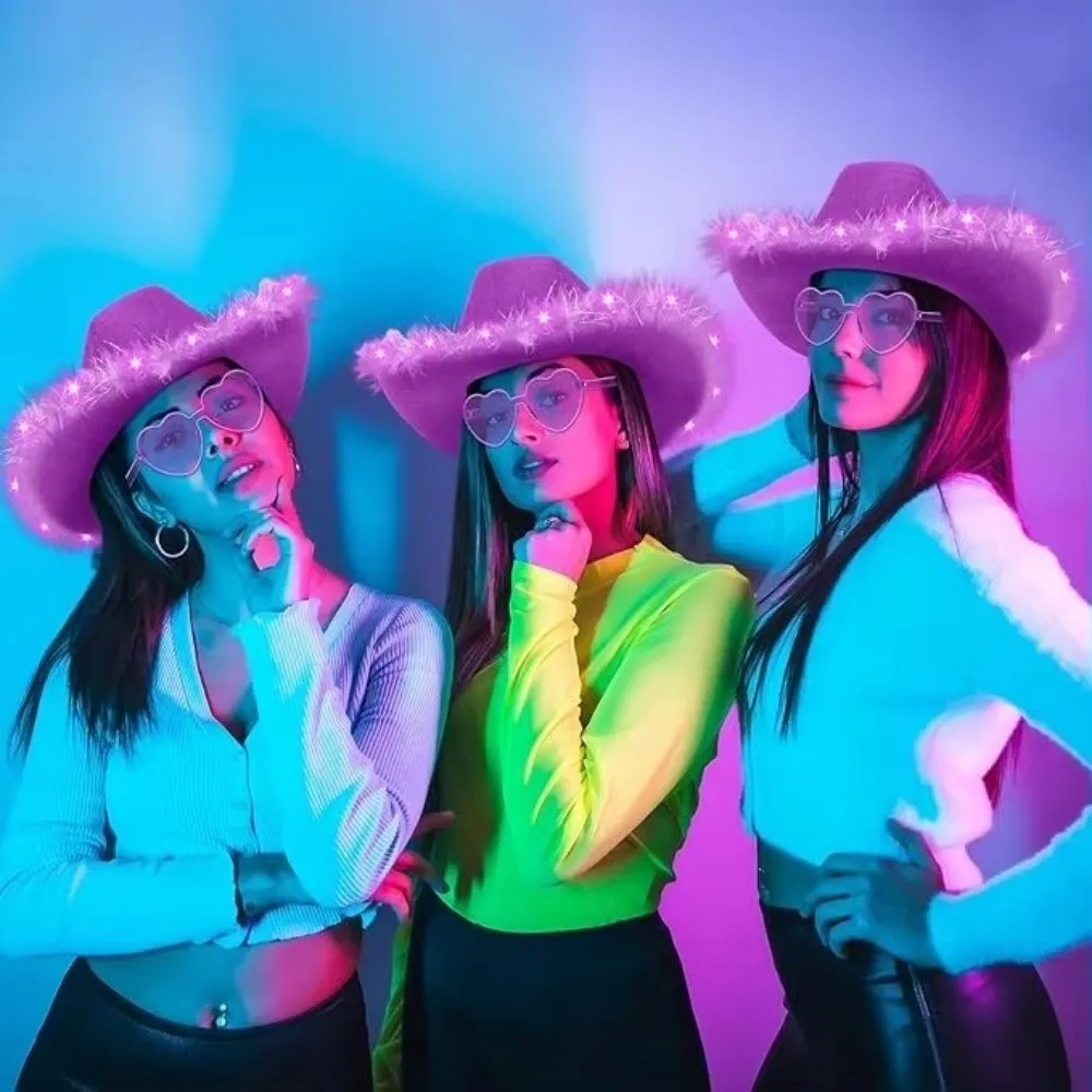 Sombrero de Vaquero Occidental con Borde de Pelo y Luces, Estilo Étnico, Color Sólido, Sombrero de Disfraz de Ala Ancha, Sombrero de Cowgirl para Actuaciones