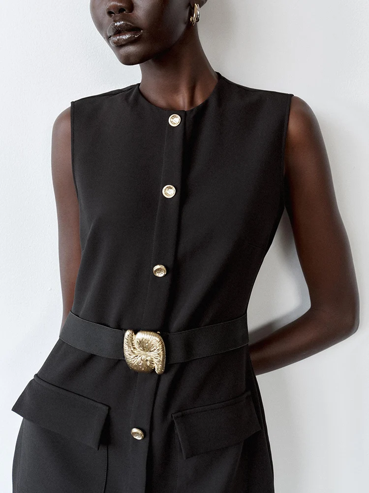 Spring New Arrival Women's Midi Dr ZA2025 Svel round Ne Gored Skirt with Belt Single Button Closure Vest Sle